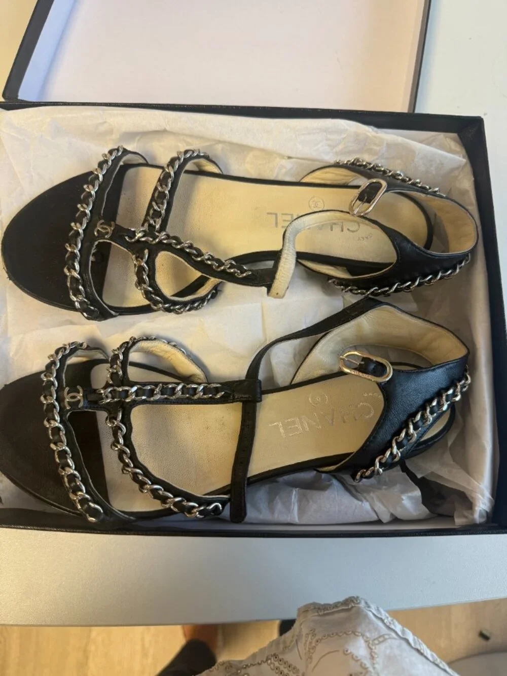Chanel Black Leather Chain CC Logo Flat Sandal Size 37 Box Dust Bag Italy